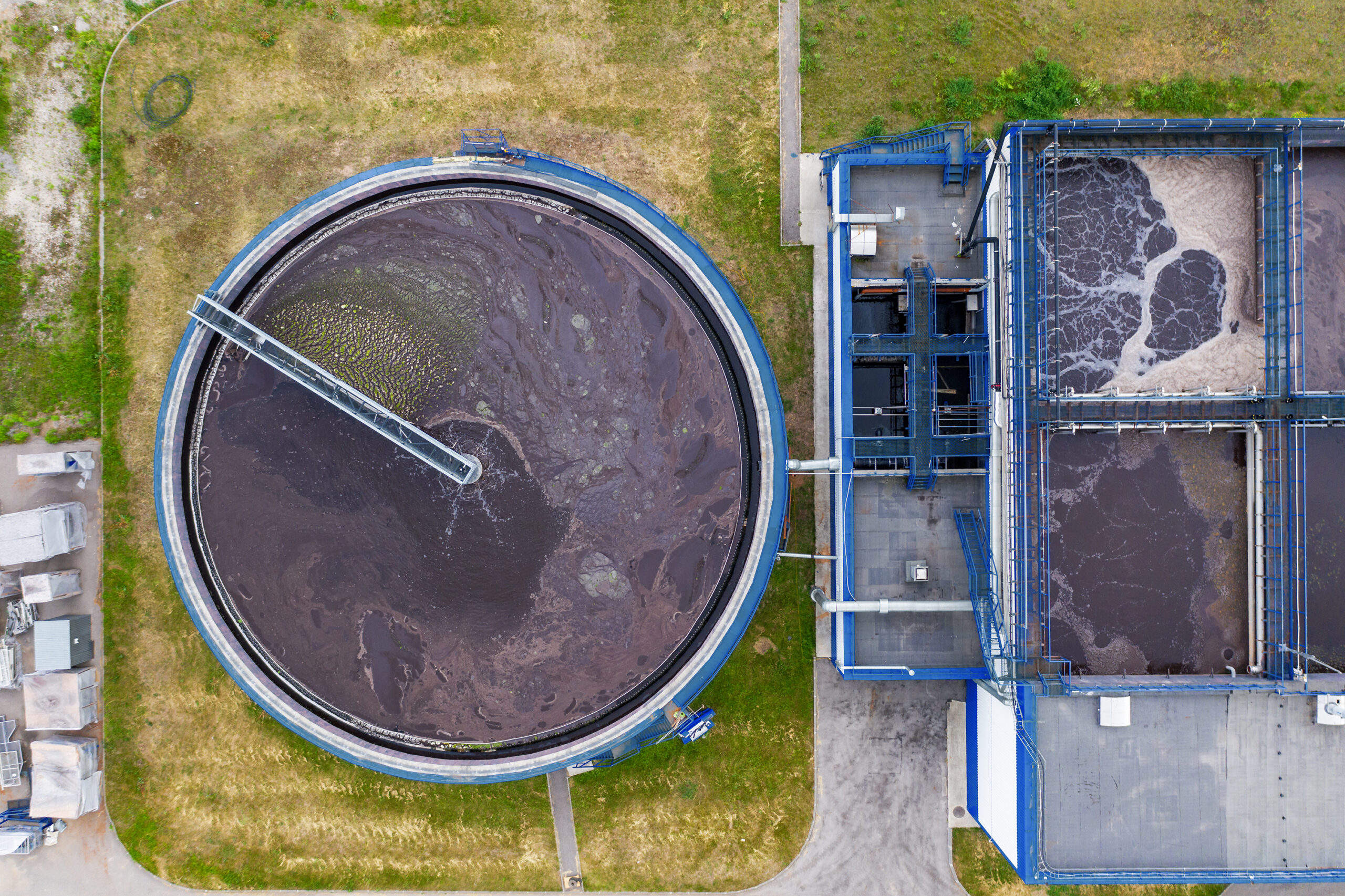 Water Treatment Plant with Round Cylinder of Clarifier Sedimentation Tank, Aerial Top View
